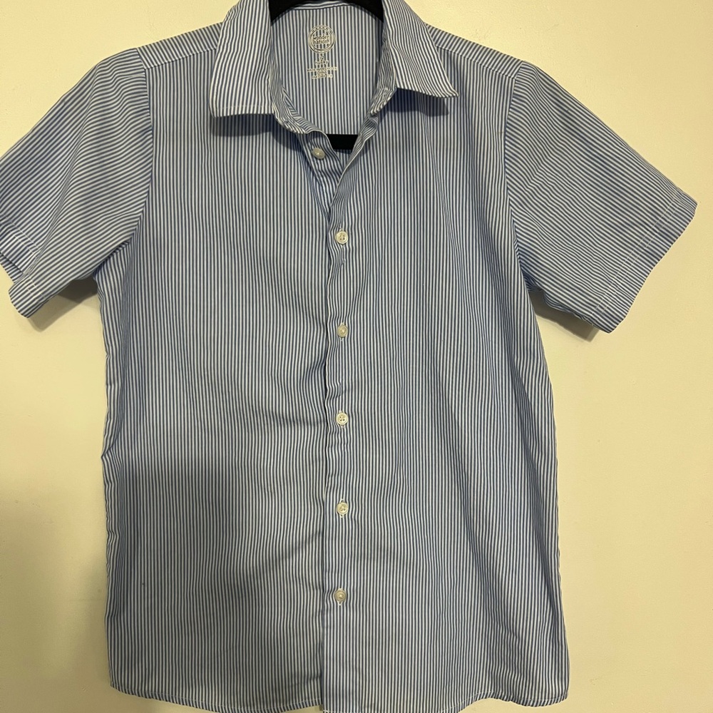 Boys Button Up Shirt‎ L 12 Husky Short Sleeve Wonder Nation Blue/white